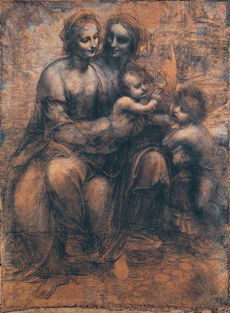 London National Gallery Next 20 06 Leonardo da Vinci - The Virgin and Child with Saint Anne and Saint John the Baptist Leonardo da Vinci - The Virgin and Child with St. Anne and St. John the Baptist, 1499�1500, 105 � 42 cm. Leonardo�s cartoon shows the Virgin Mary seated on the knee of her mother, St. Anne, while holding the Christ Child, who is blessing St. John the Baptist. The detail in the darkest shadows and brightest highlights gives the faces a mysterious radiance. The completed oil version in the Louvre in Paris.